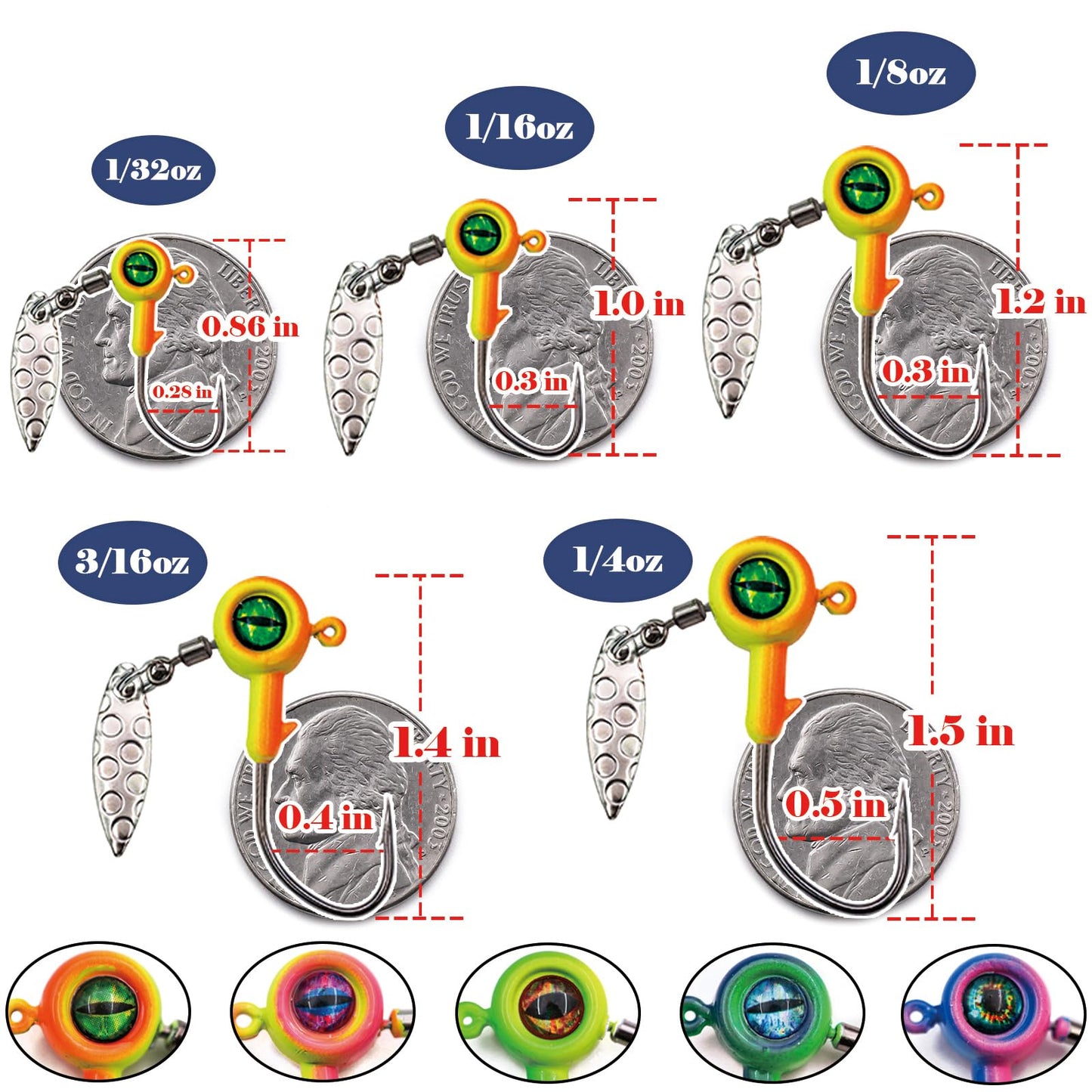 FishTrip Jig Heads Hooks with Spinner - 10Pcs Underspin Crappie Fishing Jighead with Willow Blade for Saltwater Freshwater 1/16oz,1/8oz,3/16oz,1/4oz