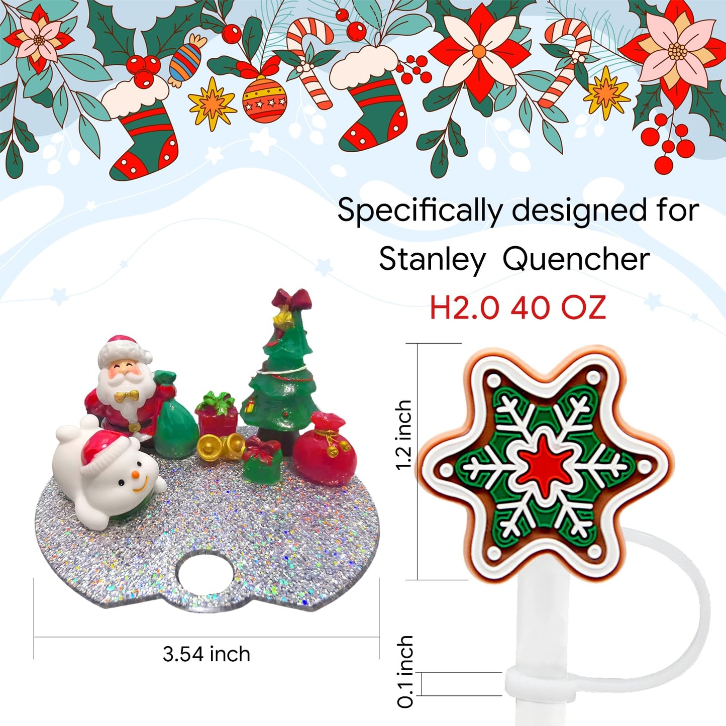 Accessories Compatible with Stanley Cup Lid, Silicone Snowflake Christmas Straw Toppers for Stanley Cup H2.0 Holiday Lid Accessories 40 OZ,Gift for Kids