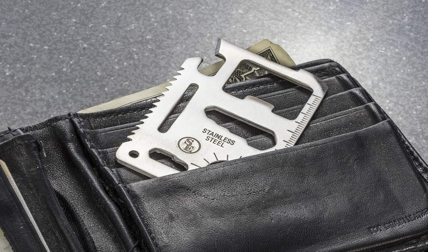 SE 11-Function Stainless Steel Survival Pocket Tool - Compact, Credit Card-Sized Multi-Tool with Leatherette Case - Ideal for Camping, Hiking, and Outdoor Activities- MT908-1