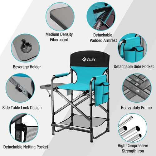 VILLEY Portable Camping Table with Adjustable Legs and Tall Directors Chair, Folding Camping Chairs