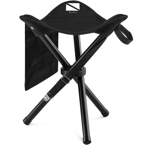 RISIBIX Foldable Tripod 13.4'' Stool - Ultra Portable Seat, Best for Youth+Pocket - 1 lb Camping Stool, 3 Legged Strong Steel Stool, Height: 13.4 inches (Black)