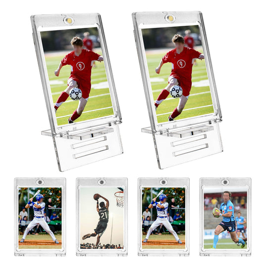 Ogeee 4 PCs Magnetic Card Holders for Trading Cards,35 pt Hard Cards Sleeves Case fit for MTG Cards, YUGIOH Cards, Standard Cards, Sports Cards, Baseball Cards Toploaders,Plus 2 Acrylic Stands