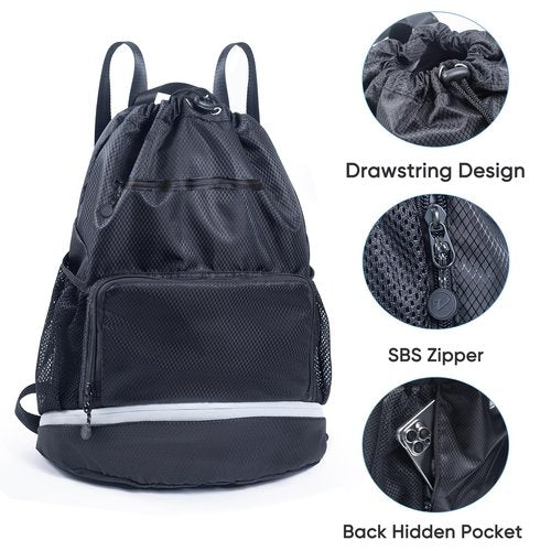 Swim Beach Gym Backpack - Drawstring with Shoes Compartment and Waterproof Pocket for Gym Accessories, Swim Essentials - Kids Mens Beach Workout Bag