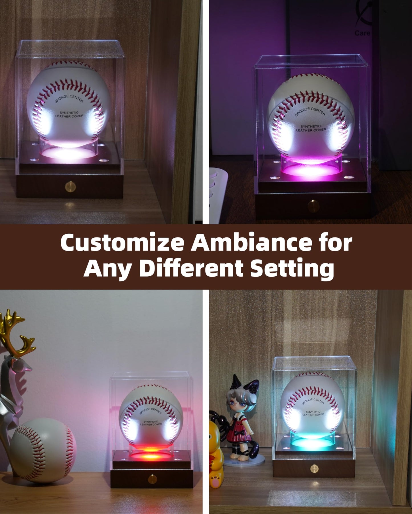 Fitense Baseball Display Case with Led Light, Clear Acrylic Baseball Case Display with Wooden Base, UV Protected Baseball Holder Case, Clear Baseball Stand Box for Memorabilia Baseball