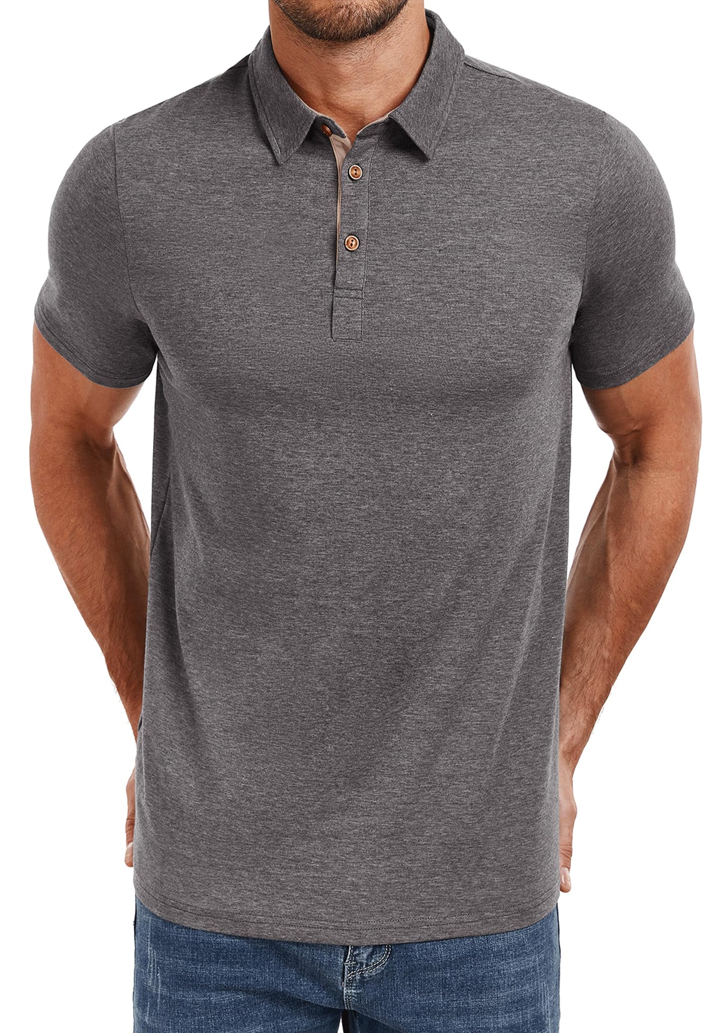 PEGENO Mens Polo Short Sleeve Shirt Designed Collared Polo Shirt Fashion Casual Shirts (Dark Gray-US Large)