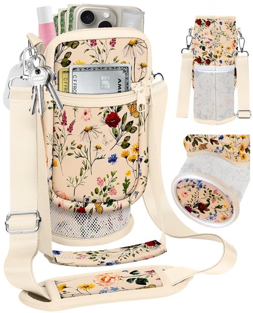Toykee Water Bottle Bag Holder Carrier With Strap - Beige Flower Floral Crossbody With Phone Pocket Neoprene Shoulder