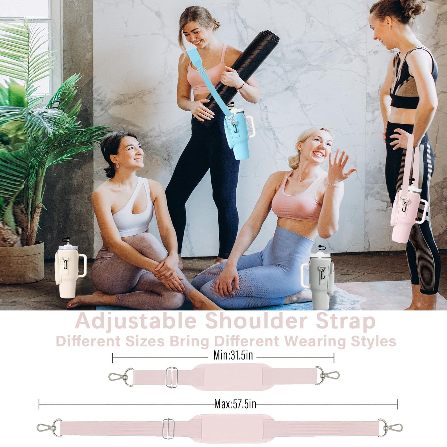 Adoryoung Cup Carrier Holder Bag with Stanley Strap, Metal Hook Loop, Stickers Cup Cover Tumbler Accessories for 40 oz Stanley, Water Bottle Pouch Holder Sling Crossbody Bag with Strap Walking (Pink)