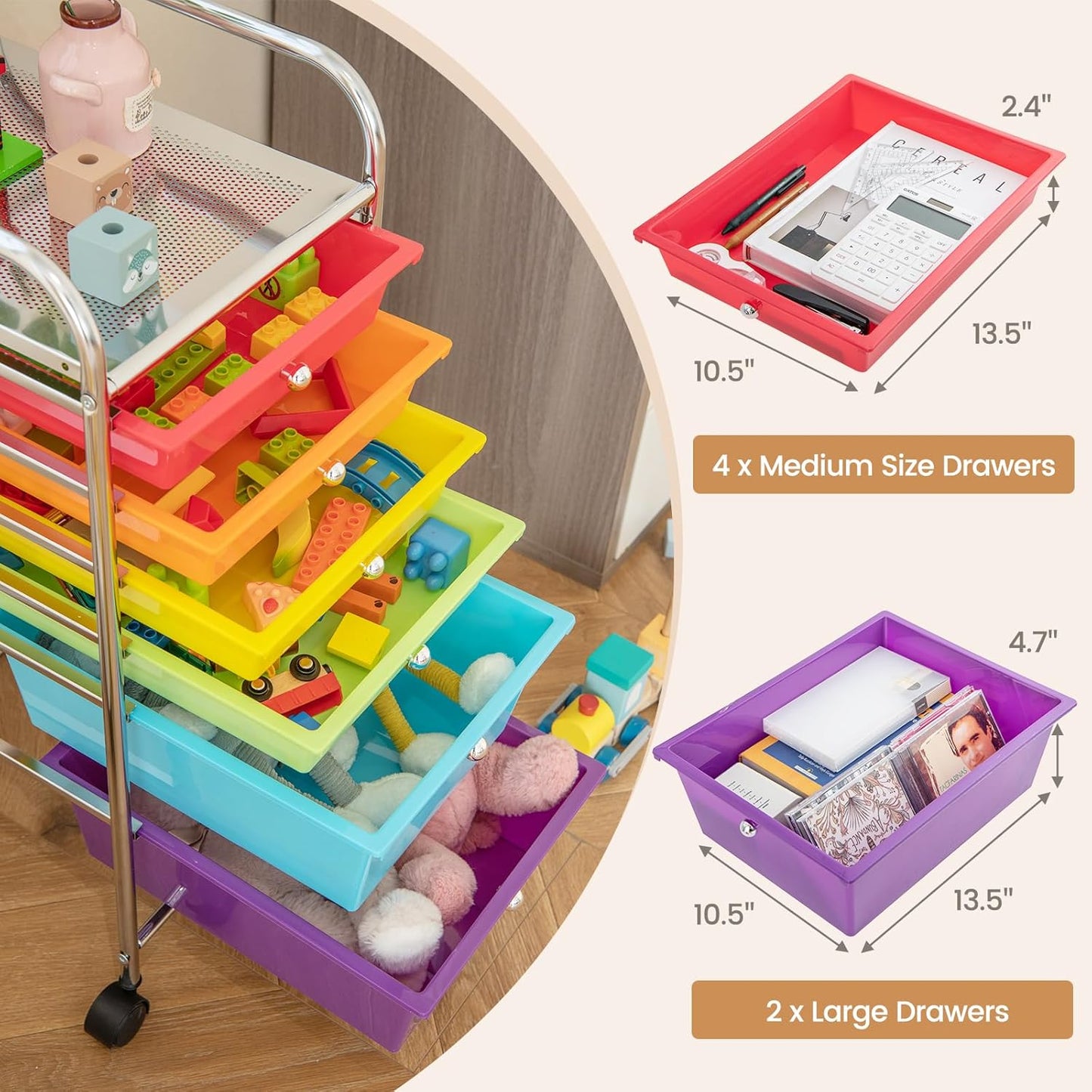 RELAX4LIFE 6-Drawer Rolling Storage Cart - Classroom Organization on Wheels w/Removable Plastic Drawers, Mobile Art Craft Cart for School Paper Home Office, Utility Cart with Drawers (Macaron)
