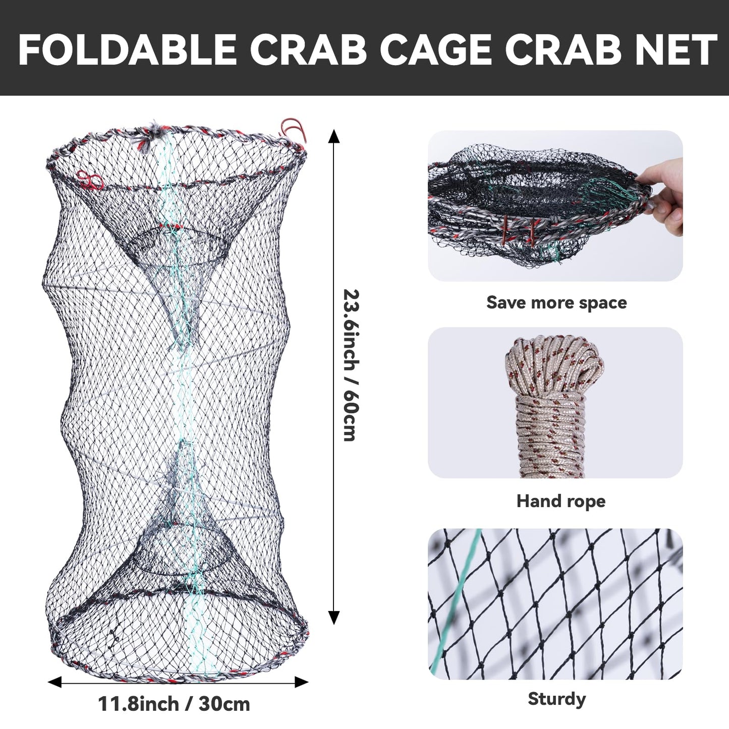3 Pcs Foldable Fishing Net Accessories :Fishing Cast Net with Heavy Duty Real Zinc Sinker Weights丨 Fishing Landing Net with Telescoping Pole Handle 丨Crab Crayfish Shrimp Crab Trap