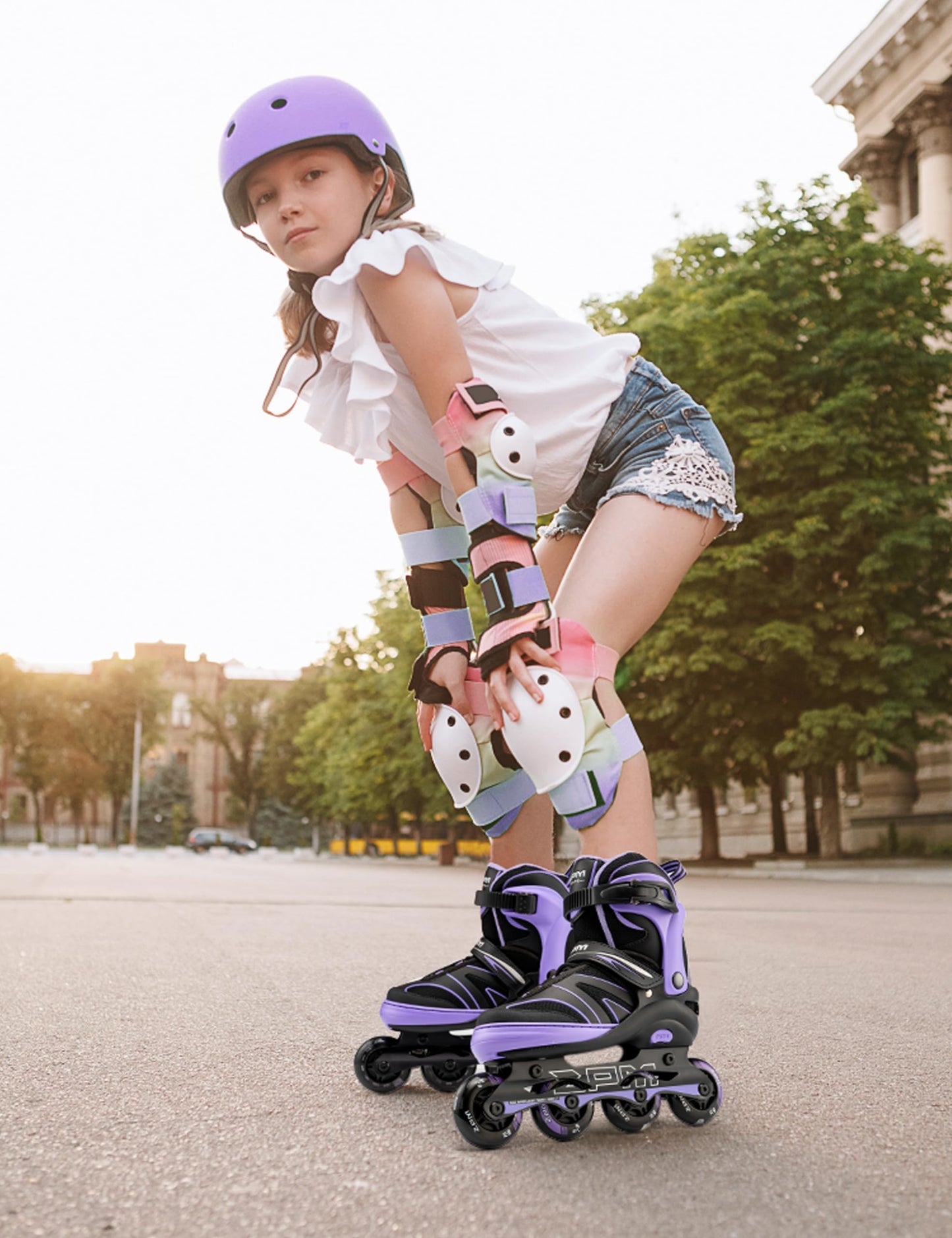 2PM SPORTS Kids Adjustable Inline Skates Ages 4-12, Youth Inlie Skates for Girls Boys 5-8 8-12 with Full Light Up Wheels, Beginner Women Men Adult Skates - Purple Medium