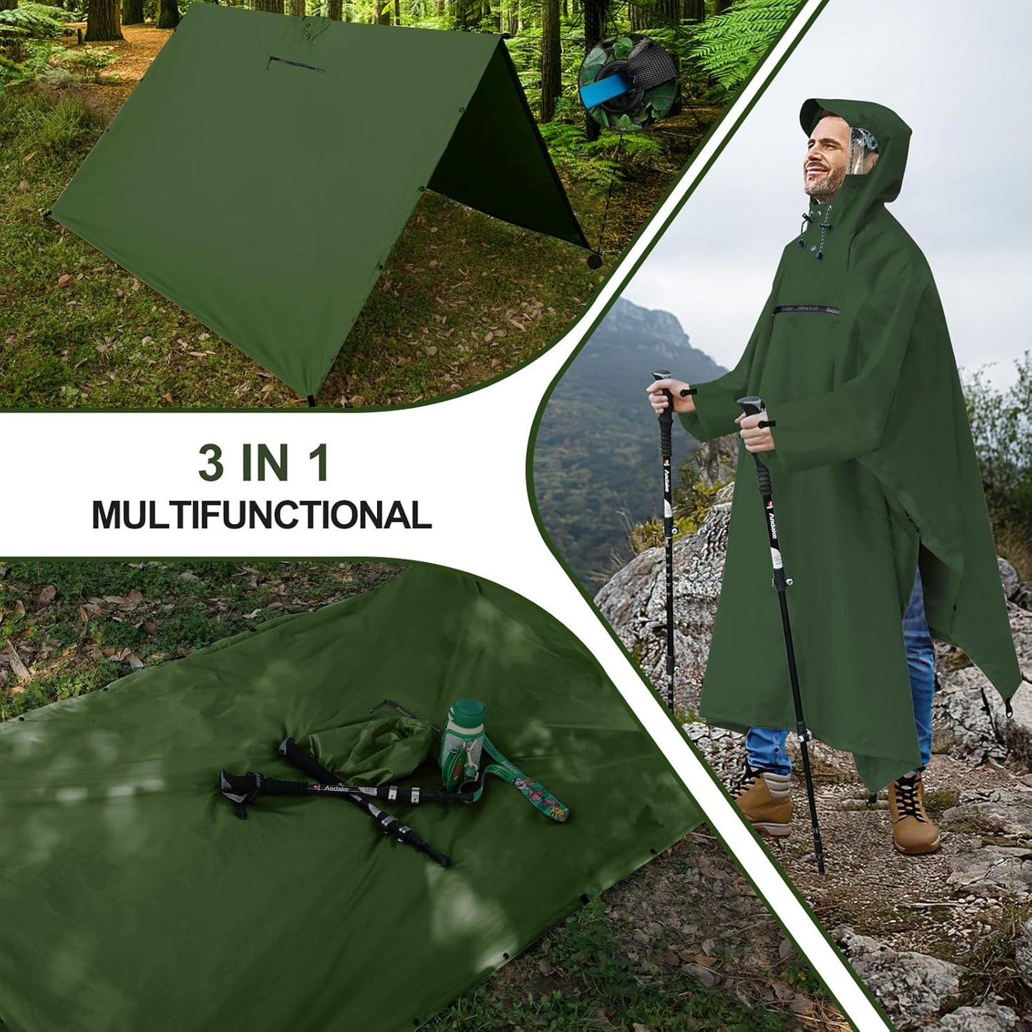 Andake Waterproof Rain Poncho for Adults Unisex,230T Ripstop Polyester,Raincoat Gear with Transparent Viewing Window Outdoors