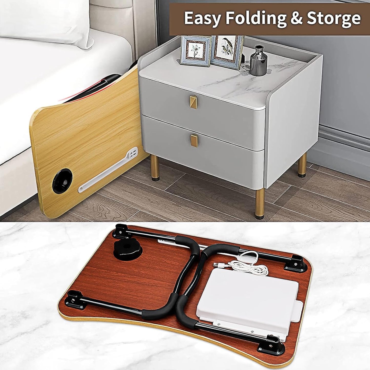 Laptop Bed Desk,Portable Foldable Laptop Lap Desk Tray Table with USB Charge Port/Cup Holder/Storage Drawer,for Bed/Couch/Sofa Working, Reading