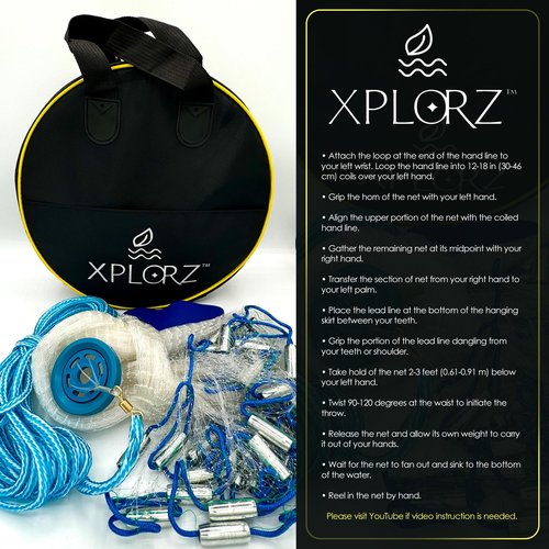 XPLORZ American Cast Fishing Net for Bait Trap Fish: 4ft/ 6ft/ 8ft Sizes for Saltwater & Freshwater Fishing - Enhanced with Heavy-Duty Zinc Sinker Weights