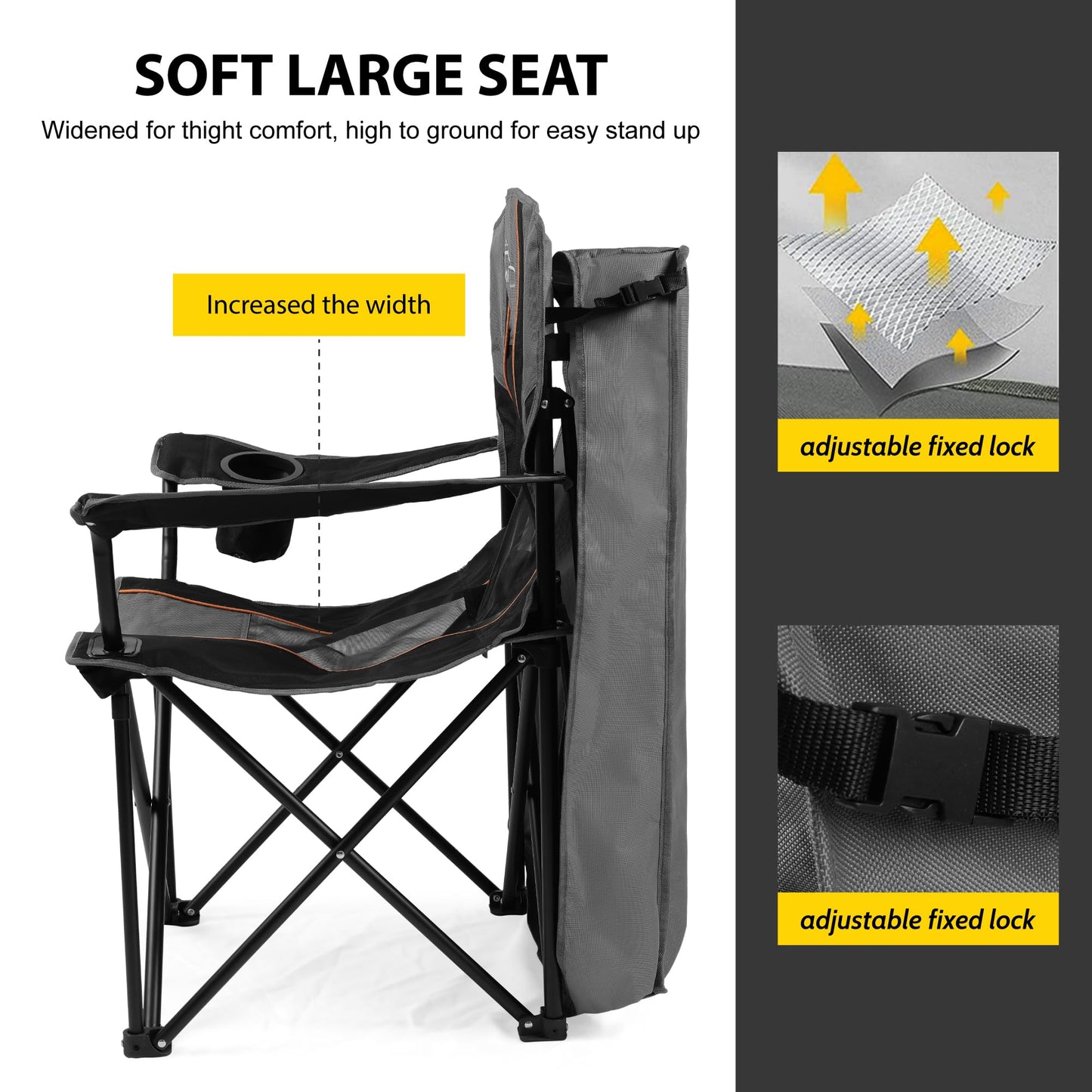 FAIR WIND Oversized Camping Lounge Chair with Adjustable Shade Canopy for Outdoor Sports Heavy Duty Quad Fold Chair Arm Chair - Obsidian