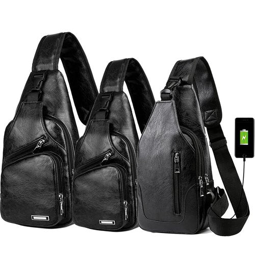 Peicees Pack of 3 Leather Sling Bag Mens Crossbody Bag Chest Bag Sling Backpack for Men with USB Charge Port, Large Classic Black & Medium Classic Black & Medium Vertical Zipper Black