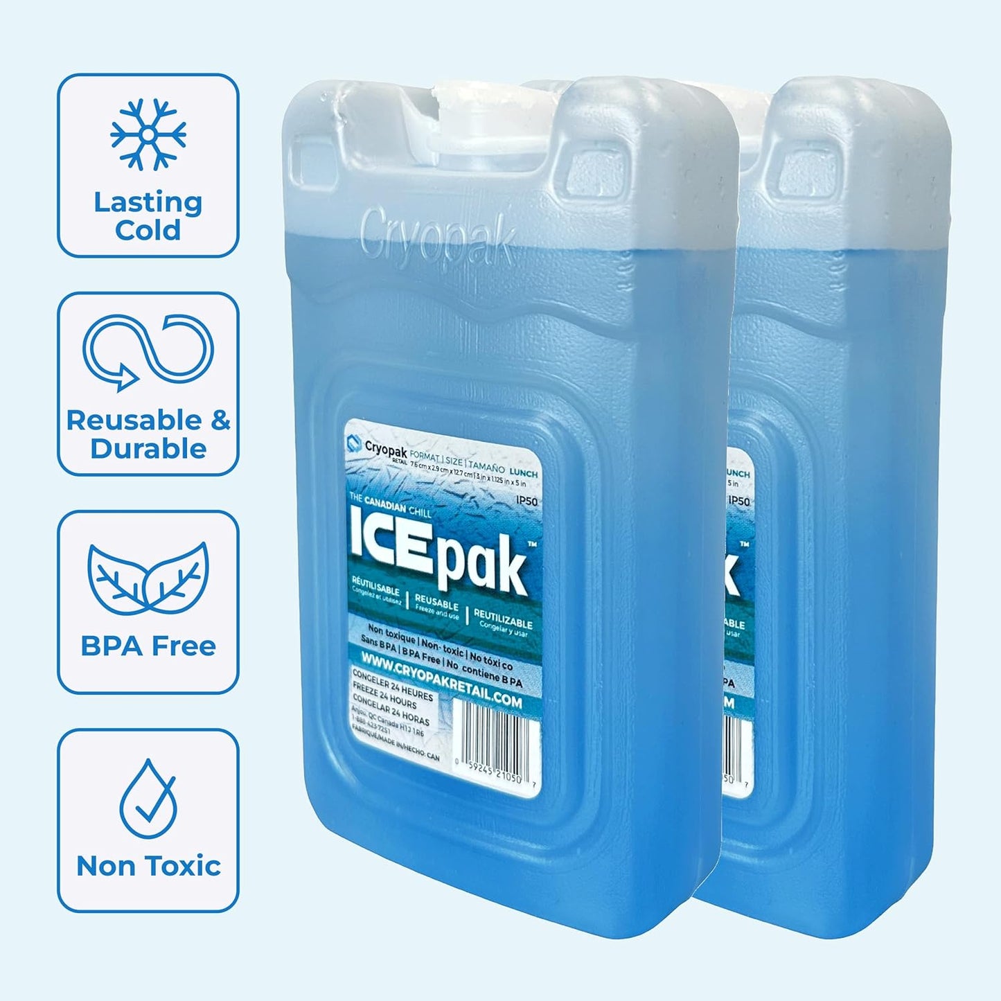 Cryopak ICEpak Large Hard Shell Reusable Ice Packs for Coolers and Lunch Box Use, Freezer Safe Gel Design, Professional Grade Cooling, Non-Toxic and BPA Free, Essential Travel Accessories, Large
