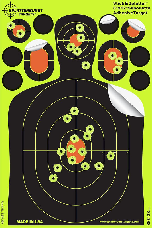 Self-Adhesive Splatterburst Shooting Targets - 8x12 Mini Silhouettes for Gun, Rifle, Pistol, Airsoft