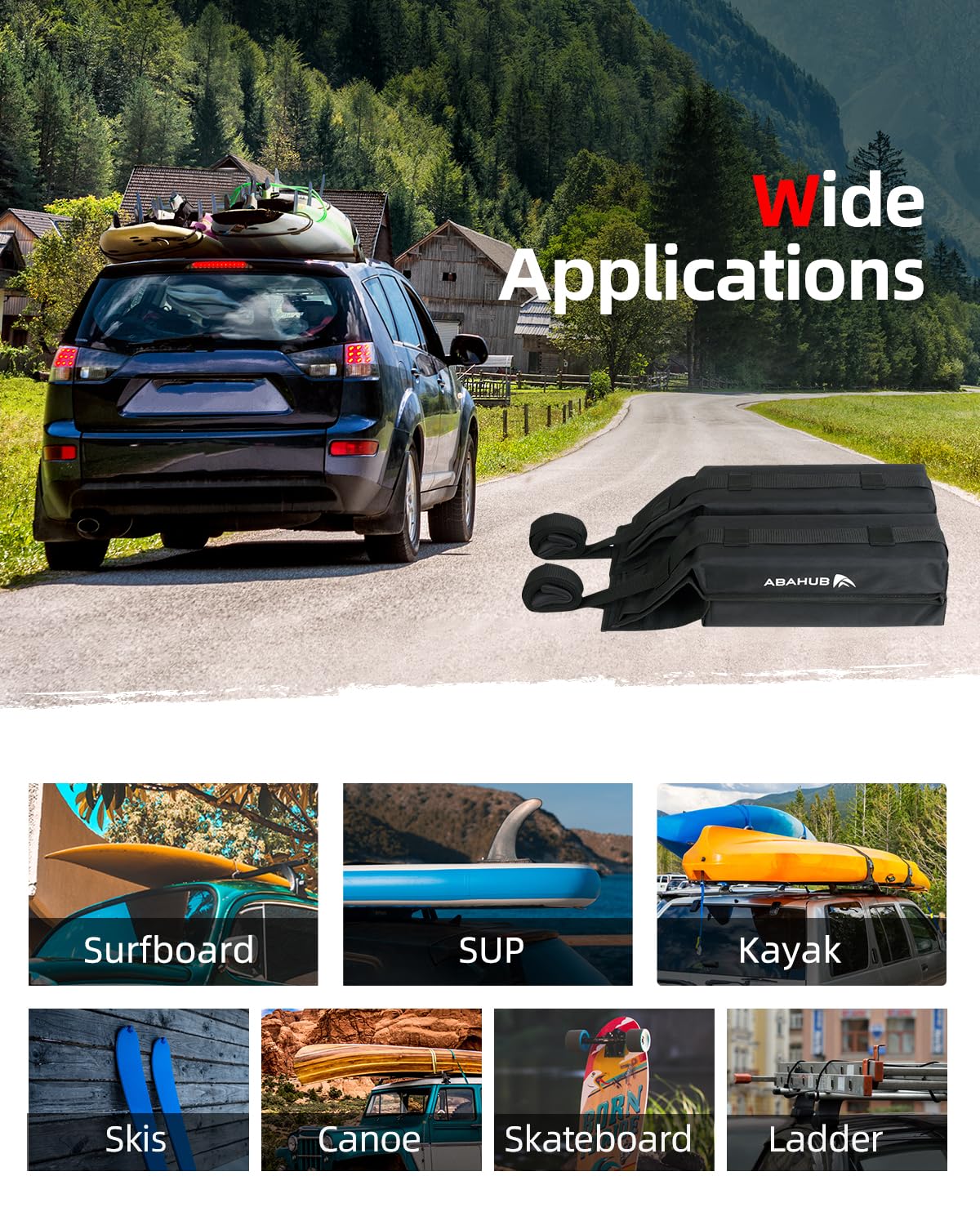 Abahub Car Soft Roof Rack Pads for Kayak,Canon,Surfboard,SUP Include 2 Tie Down Rope, 2 Quick Loop Strap, 2 Heavy Duty Tie Down Straps and a Storage Bag(Black)