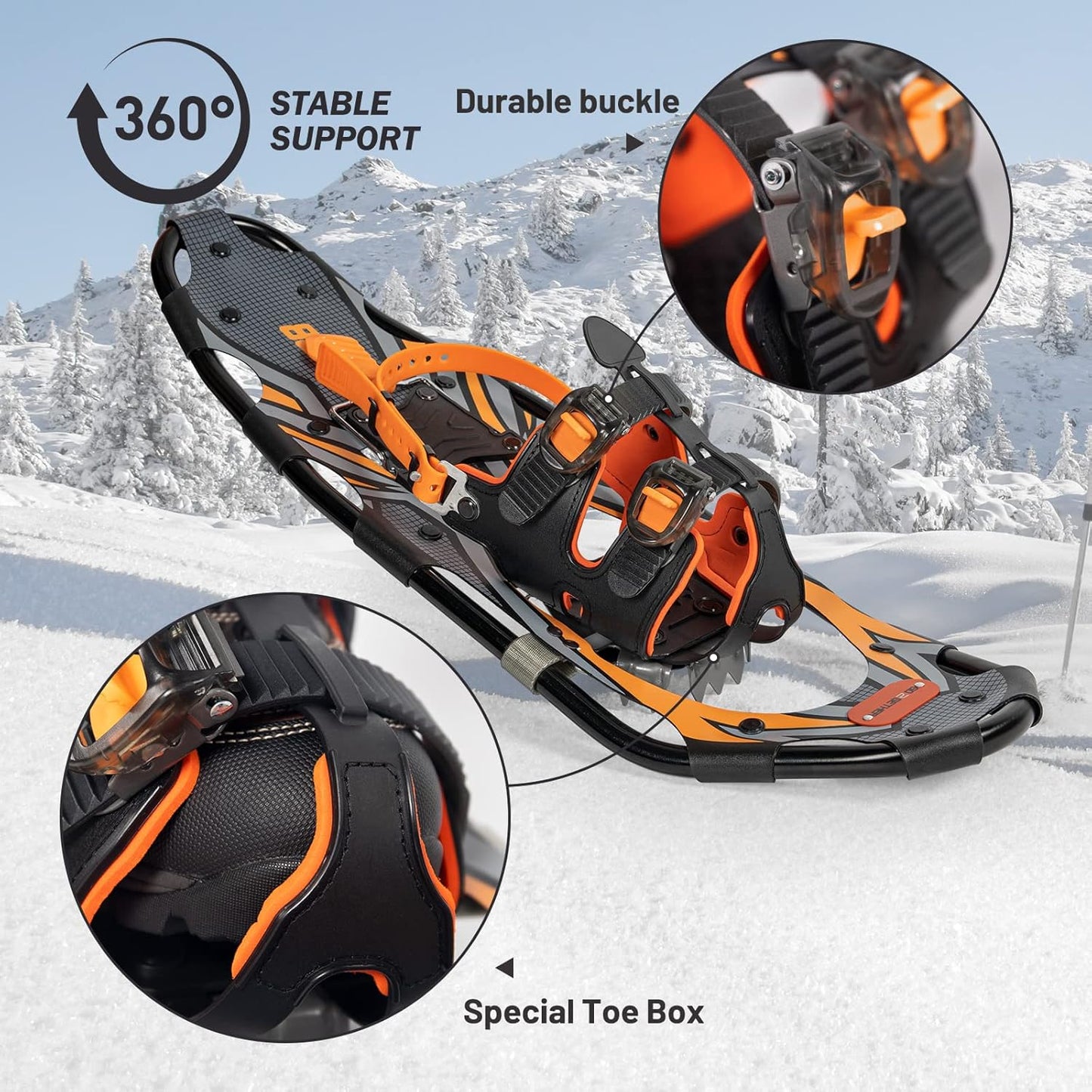 G2 21/25/30/36 Inches Light Weight Snowshoes with Toe Box, EVA Padded Ratchet Binding, Heel Lift, Flexible Pivot Bar, Durable Back Strap, Trekking Poles, Carrying Bag, Snow Baskets(6 colors available)