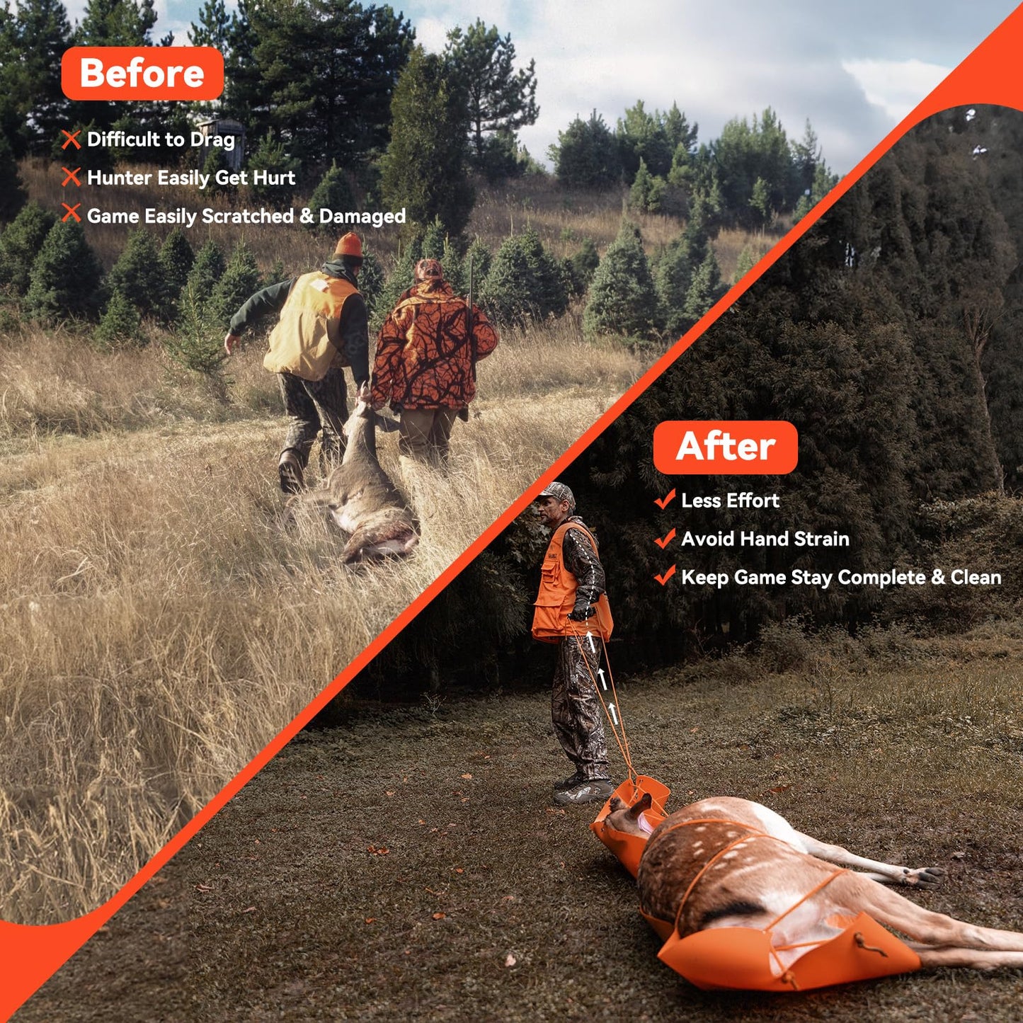 GearOZ Deer Drag Sled Thickened Game Hauler Strap Reduce Ground Friction & Transport Game Easier Heavy Duty Deer Pull Rope for Dragging Deer Cart Deer Hunting Accessories Gift for Hunters, Orange