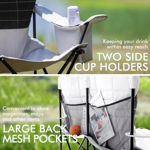 Double Camping Chair for Adults Folding Loveseat 2 Person Camping Couch with Cooler Bag Heavy Duty Oversized Lawn Chair Support 550 lbs for Outdoor Sports Fishing Beach Travel, Picnic, Gray