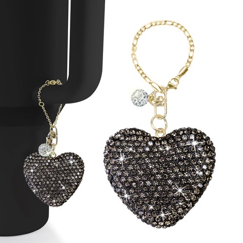 Mokoart Glitter Heart Shape Charms for Stanley Decorations, Tumbler Accessories with Handle 40 oz 30 oz, Bling Cute Love Heart Charms for Cup Accessories (Black)