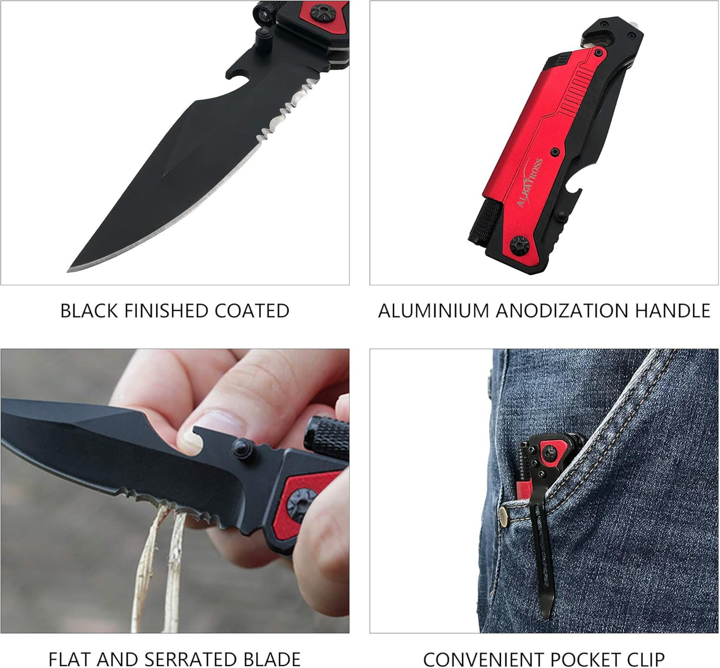 ALBATROSS 6-in-1 Survival Tactical Military Folding Pocket Knives with LED Light,Seatbelt Cutter,Glass Breaker,Magnesium Fire Starter,Bottle Opener;Multi-Function Emergency Tool(Black)