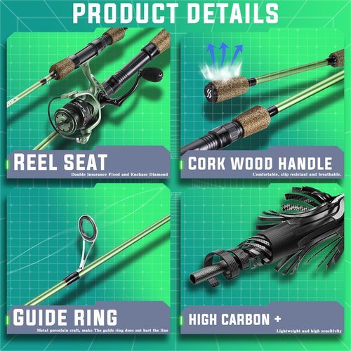 One Bass Fishing Rods Combo, 30-Ton Carbon Fiber Blanks Spinning Rods,5.2:1 Gear Ratio Fishing Reel, 2-Piece with Rubber Cork Handle- 6'0" with QL2000