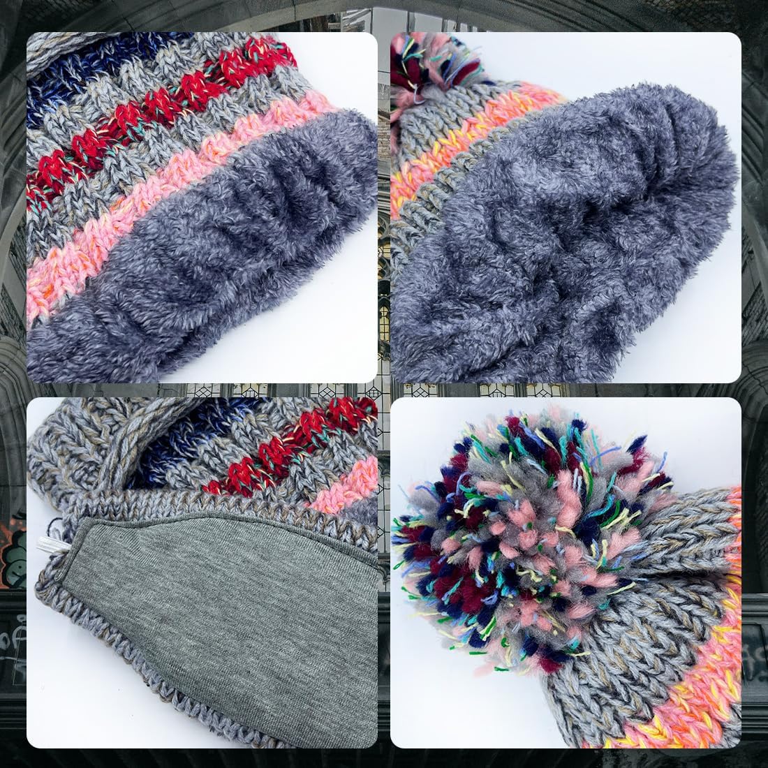 Ypser Women's Winter Warm Knitted Crochet Hat Fleece Lined Cable Faux Fur Pom Pom Beanie Hat Skull Cap