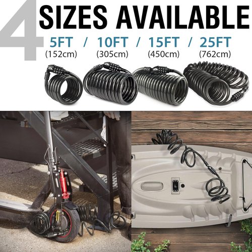 MARQUE Combination Bike Lock Cable- 3/8 inch (5FT, 10FT, 15FT, 25FT) Resettable Combination Lock, Anti-Theft Coiled Secutiry Cable for Bicycles, Kayaks, Paddle Boards, Gates and Outdoor Gear (10 FT)
