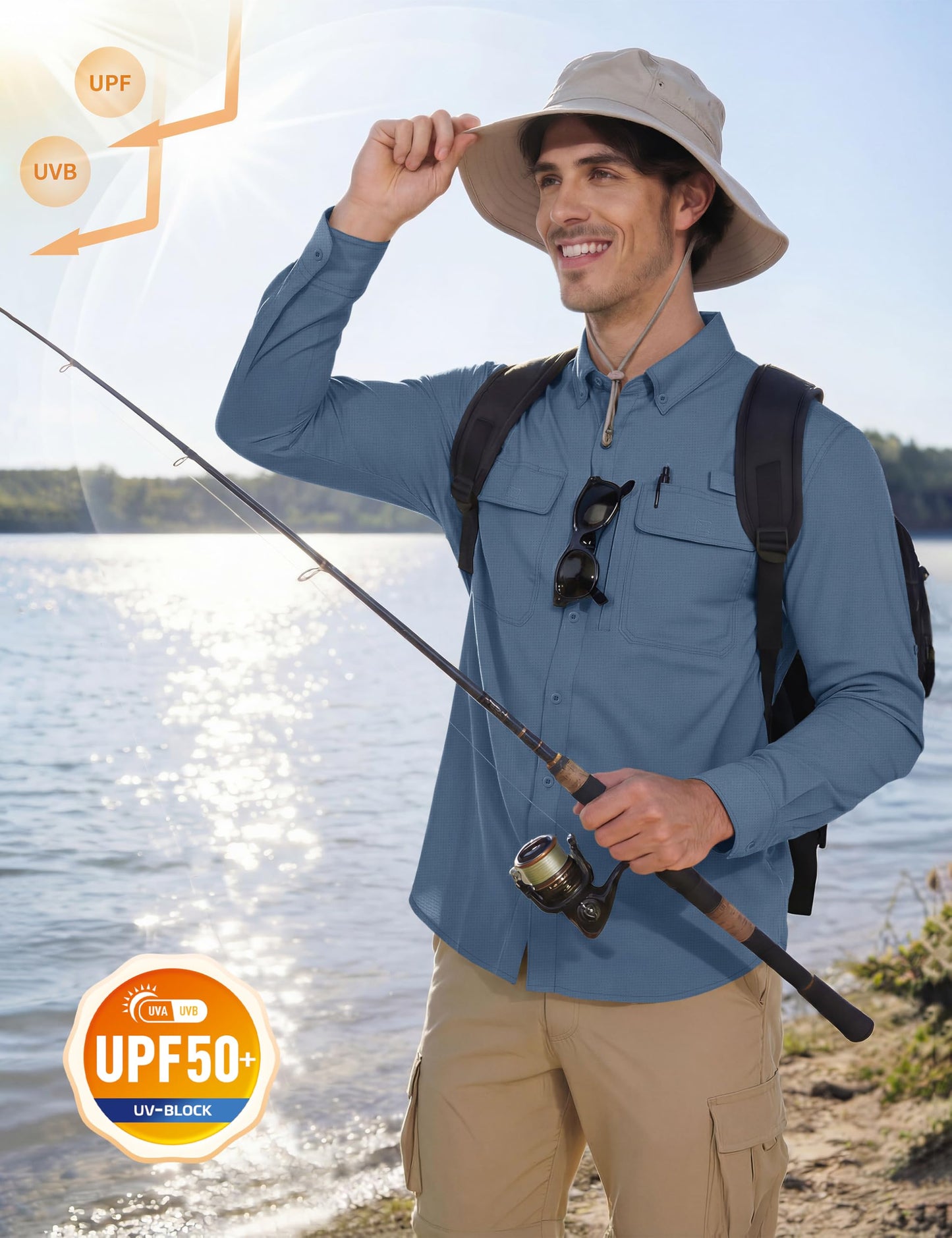 MAGCOMSEN Mens Long Sleeve Button Down Shirts UV Sun Protection Quick Dry Fishing Shirts Button Up Work Hiking Camping Shirts Blue Grey L