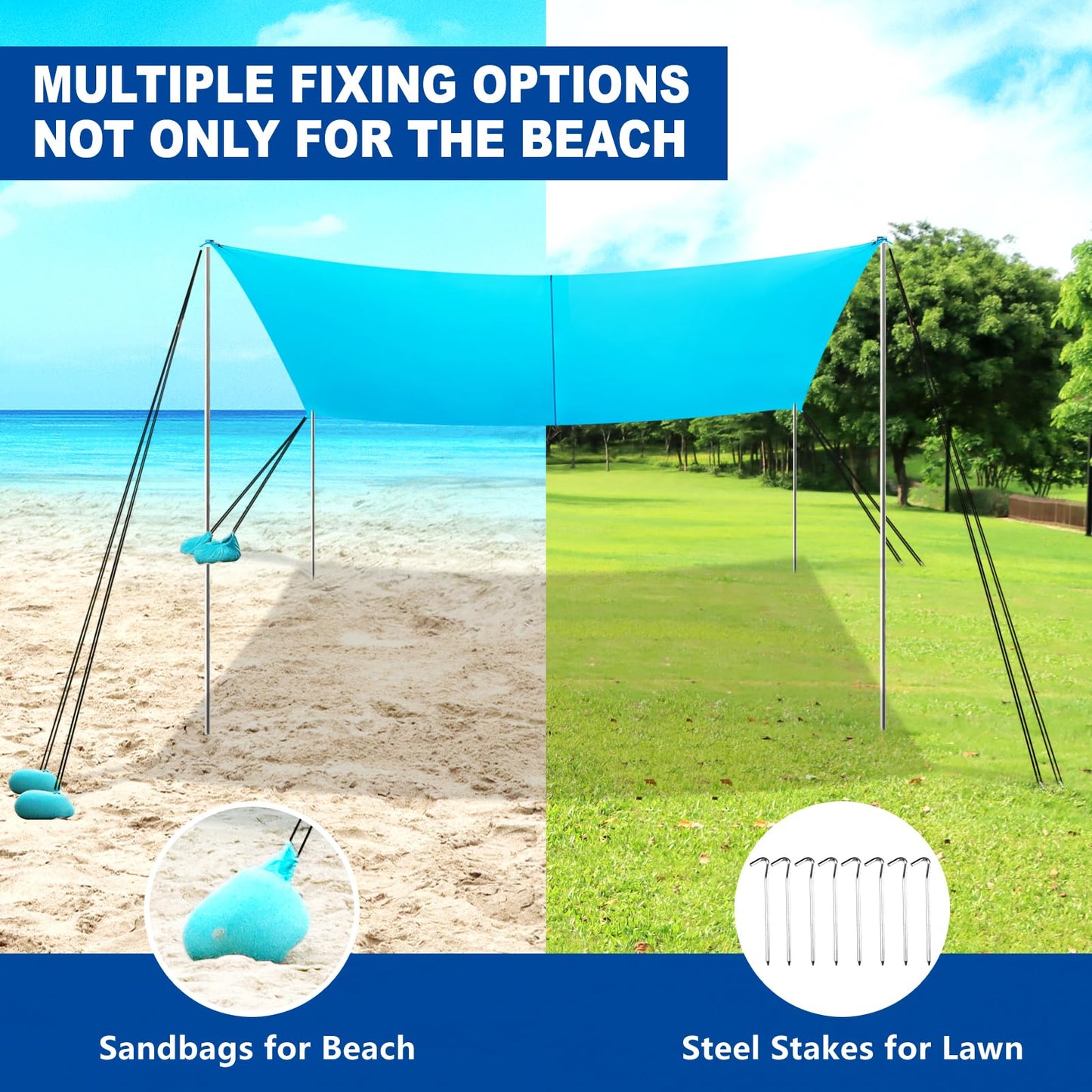 ABXMAS Beach Tent Sun Shelter with UPF50+ Protection, Grande Beach Tent for Family Vacation, Outdoor Beach Shade Canopy with 4 Pole and 8 Sandbags for Camping Fishing Backyard Fun (10×10FT)