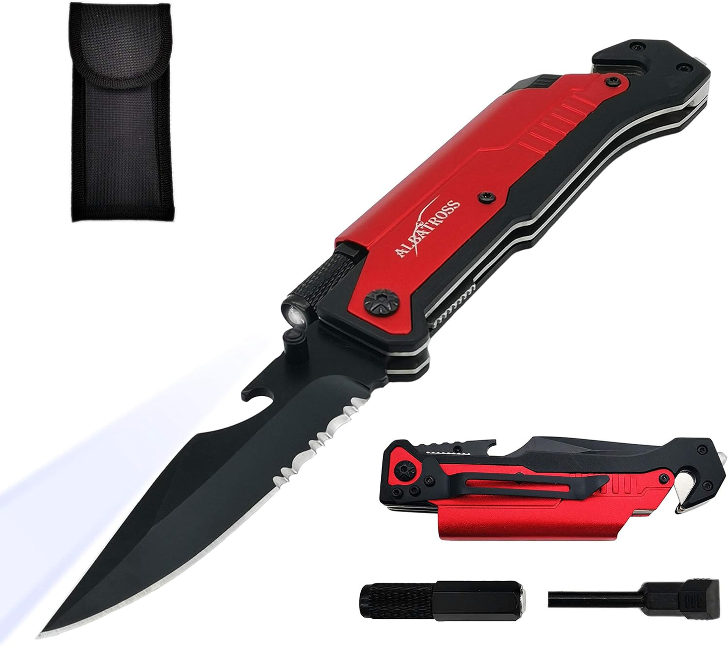 ALBATROSS 6-in-1 Survival Tactical Military Folding Pocket Knives with LED Light,Seatbelt Cutter,Glass Breaker,Magnesium Fire Starter,Bottle Opener;Multi-Function Emergency Tool(Black)