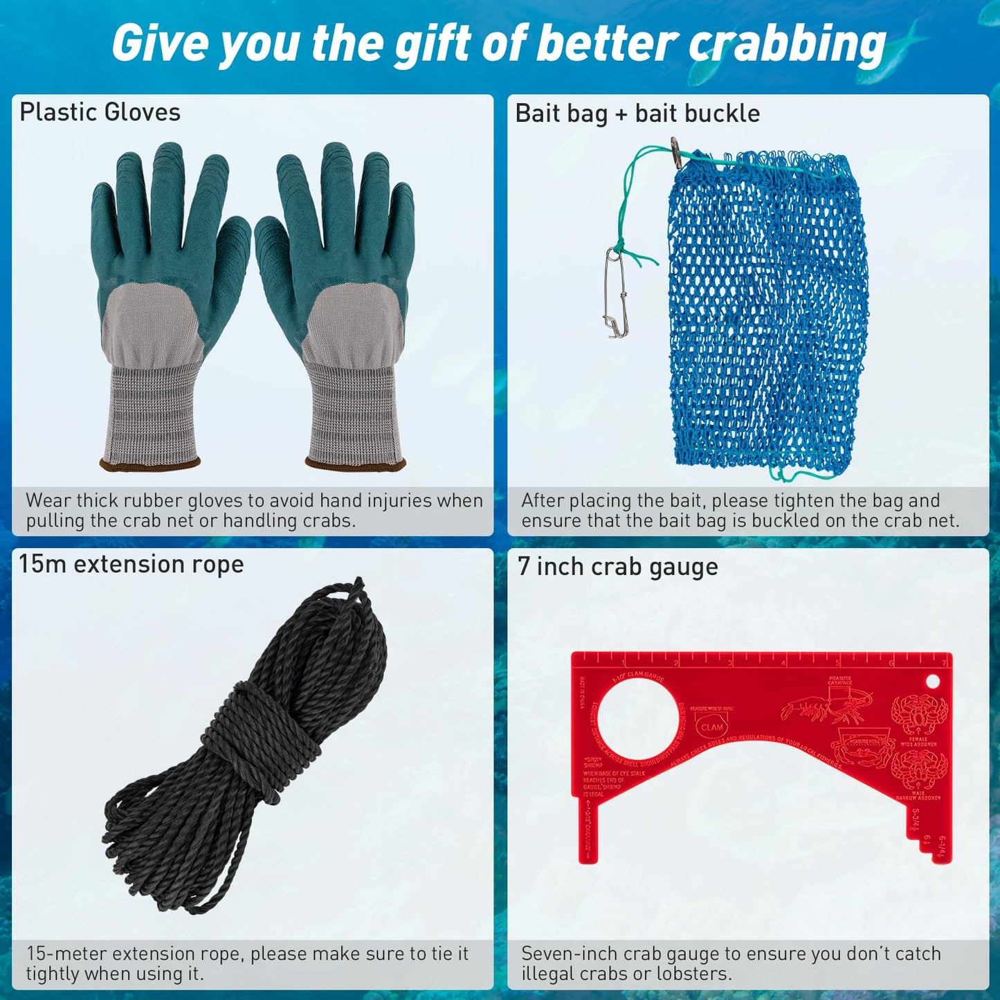 QualyQualy Crab Ring Trap Net, Ring Crab Kit Lobster Hoop, Portable Folded Crab Cage, Crabing Accessories with Bait, Heavy Crab Nets for Crabbing, 32" x16.5'', 2 Pack