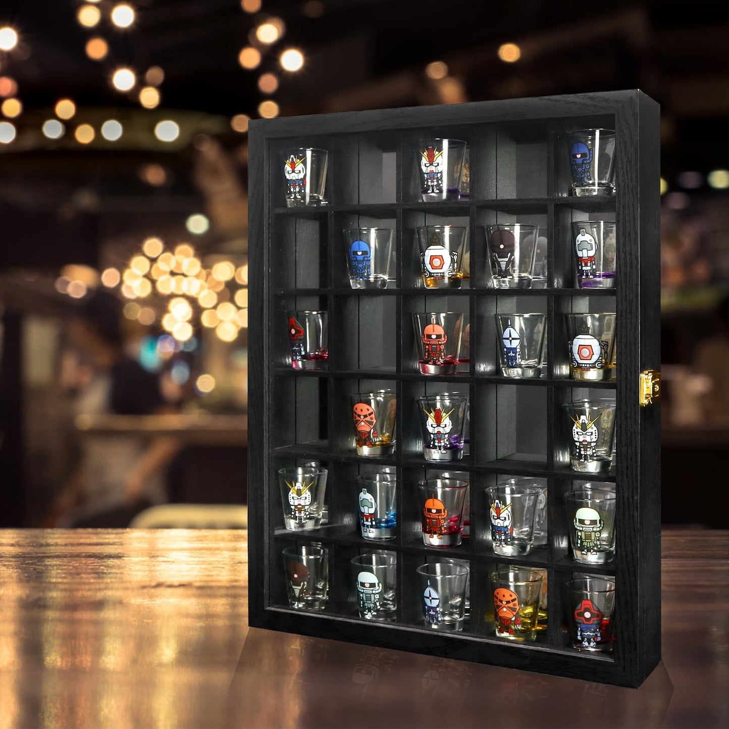 FramePro Black Shot Glass Display Case 30 Slots with Mirror Background Large Wooden Cabinet Rack Holder Mini Helmet Collection Wall Mounted Shadow Box Lockable with Tempered Glass Door 15.5*20 Inches