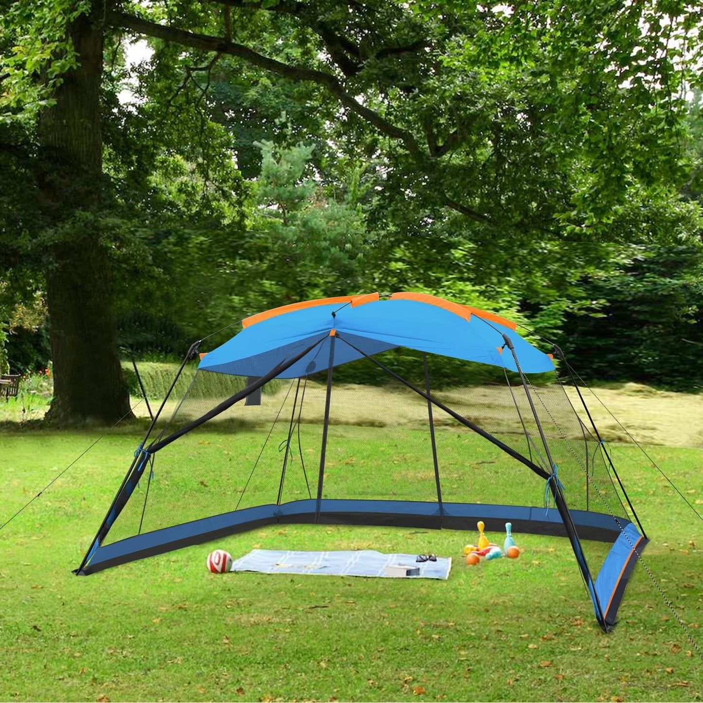 Hyper Venture Screen House 13x9 FT 4 Mesh Walls Canopy Tent Camping Gazebo Shelter for 6-8 People Outdoor Party Activities, Blue