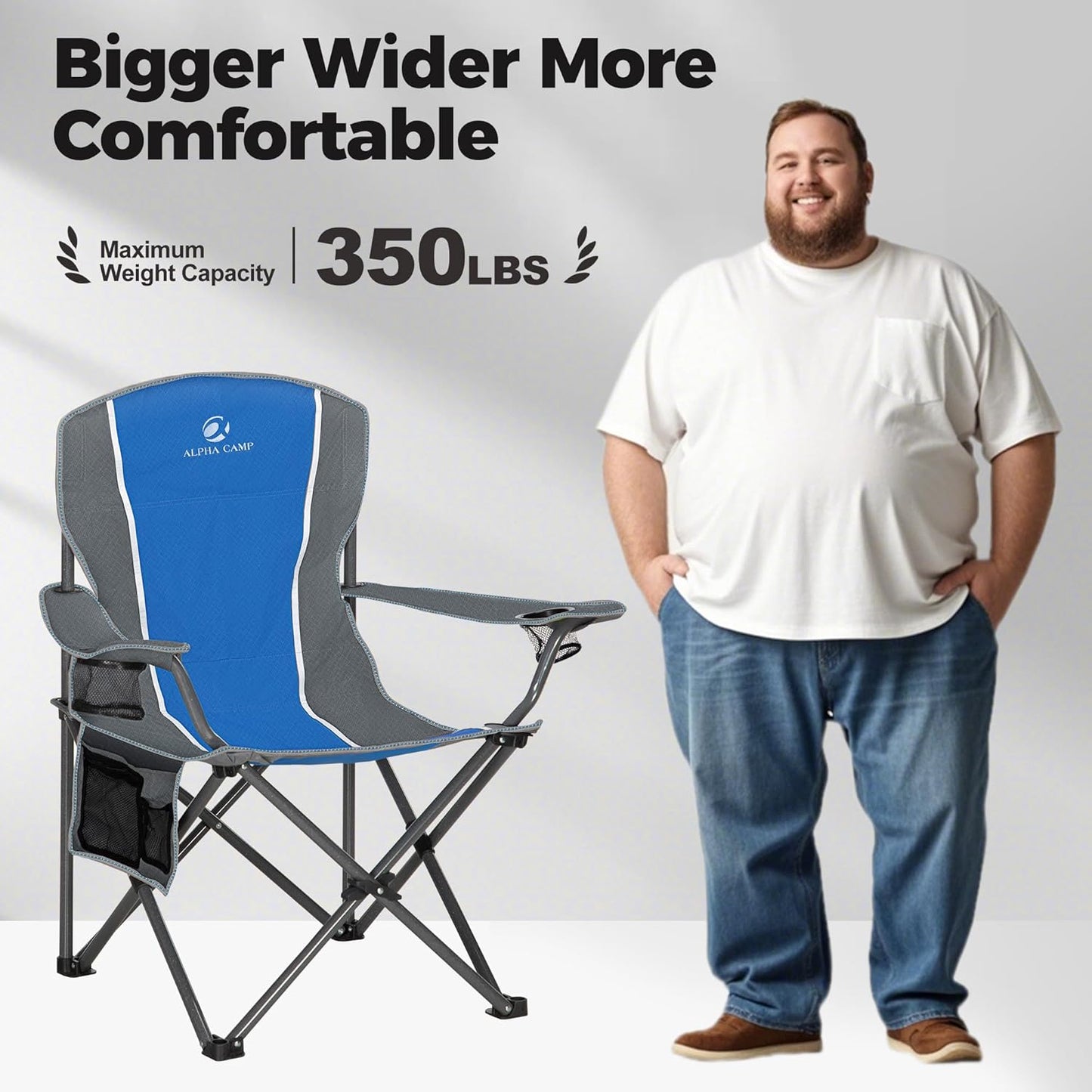 ALPHA CAMP Oversized Camping Folding Chair - Heavy Duty Steel Frame Support 350 LBS, Collapsible Padded Arm With Cup Holder, Quad Lumbar Back, Portable for Outdoor/Indoor