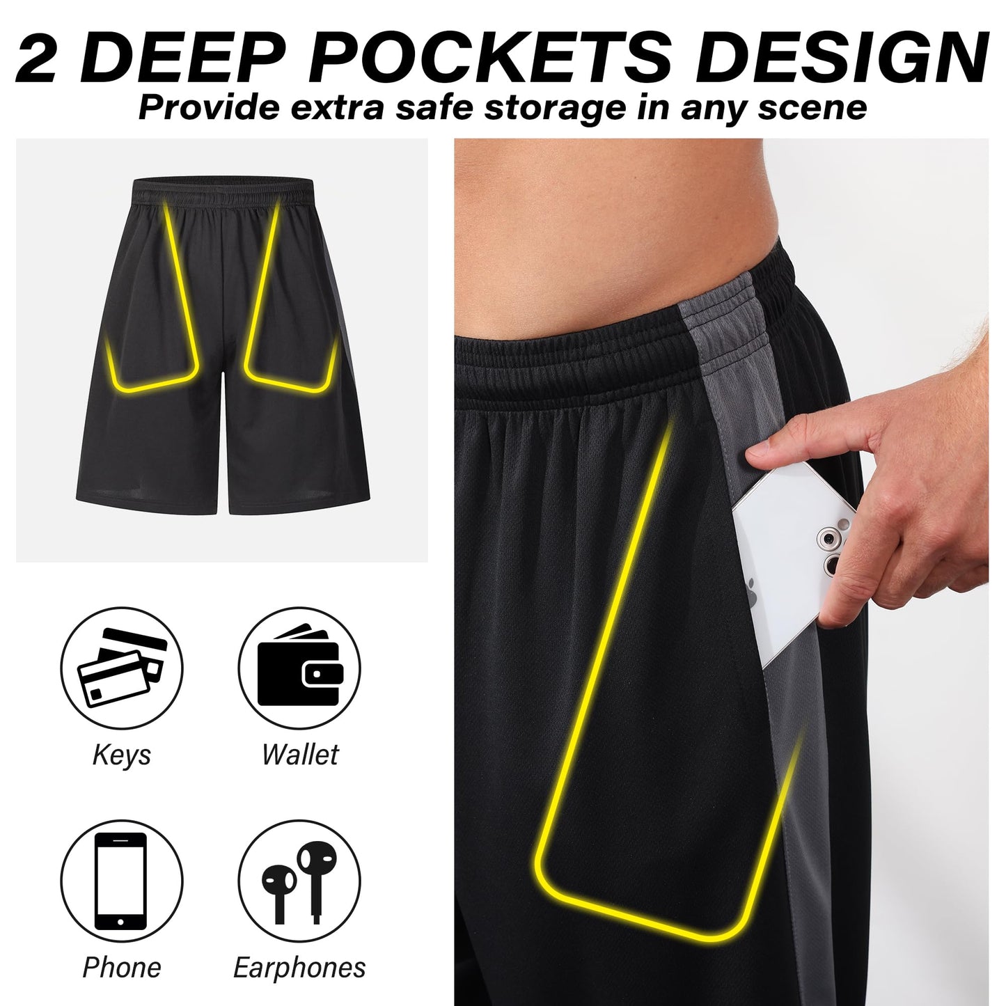 LukBerd 3 Pack Men's Long Athletic Shorts Basketball Workout Gym Shorts Below Knee Loose-Fit with Pockets 3XL