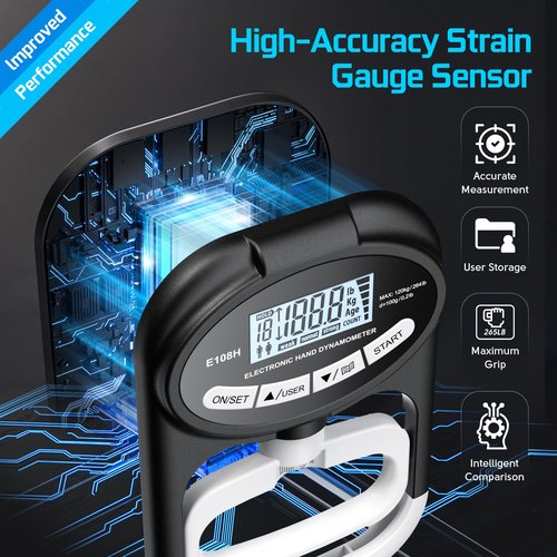 Grip Strength Tester Hand Dynamometer - Grip Strength Trainer Electronic Hand Gripper Strengthener Wrist Exerciser Meter Digital Training Gauge 265 Lbs / 120 Kgs for Sport School Home Use