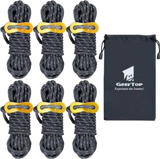 GEERTOP 6 Pack Reflective Guy Lines 4 mm Tent Cords Ultralight Camp Ropes with Aluminum Adjuster Tensioner for Tent, Tent Tarp, Canopy Shelter, Outdoor Camping Hiking Backpacking Travel