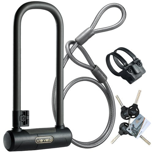 Via Velo Bike U Lock with Cable | Pro U Lock 20 CrMnTi Steel 15mm Shackle with Bracket Inside Size:9.6 x 3.5 in Sold Secure Gold Approval for Road Mountain Electric, Folding Bikes Scooter