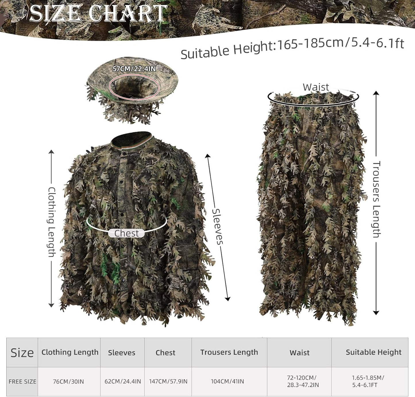 Zicac Outdoor Camo Ghillie Suit 3D Leafy Camouflage Clothing Jungle Woodland Hunting