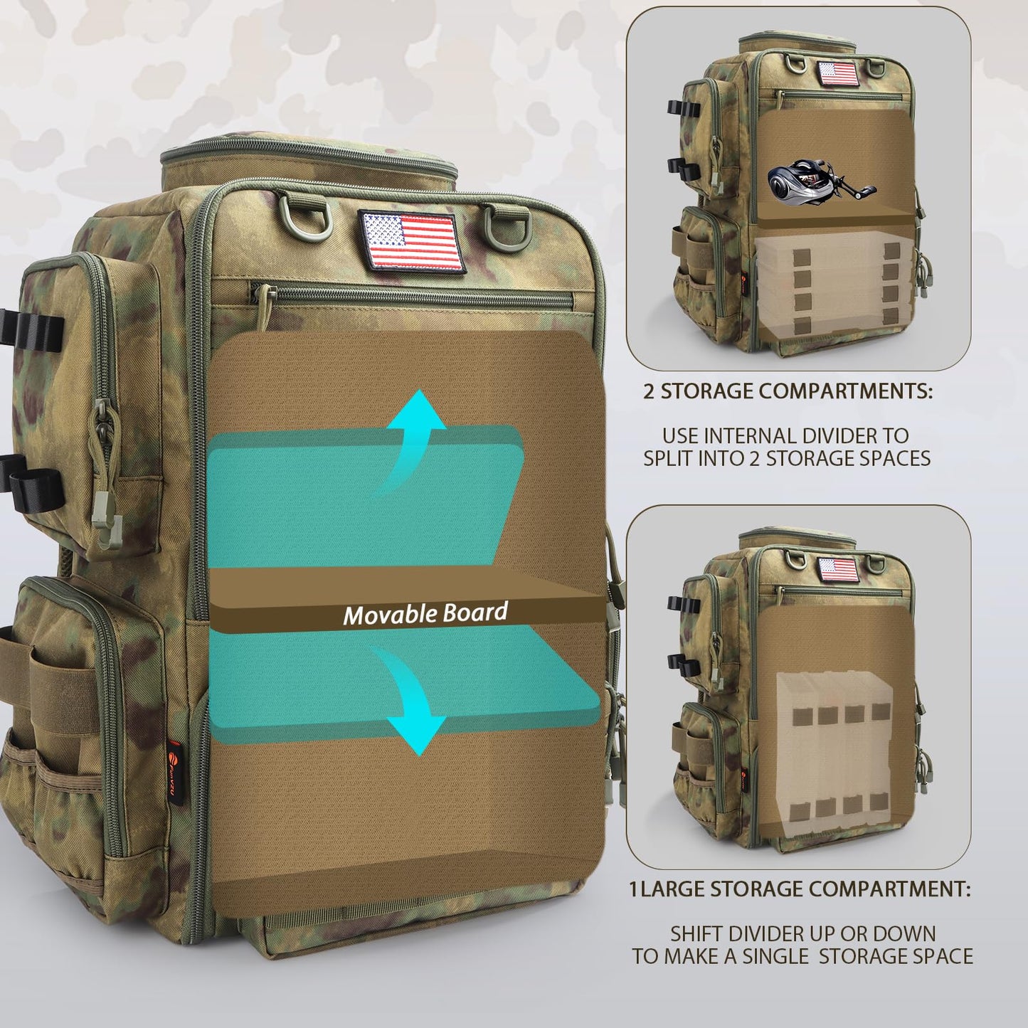 FunVZU Fishing Backpack, Fishing Tackle Backpack with Rod Holders for 4 Boxes (Box Not Included) 45L Waterproof Fishing Gear, Ideal for Men and Women Tackle Box Bag (Forest Green Camo)