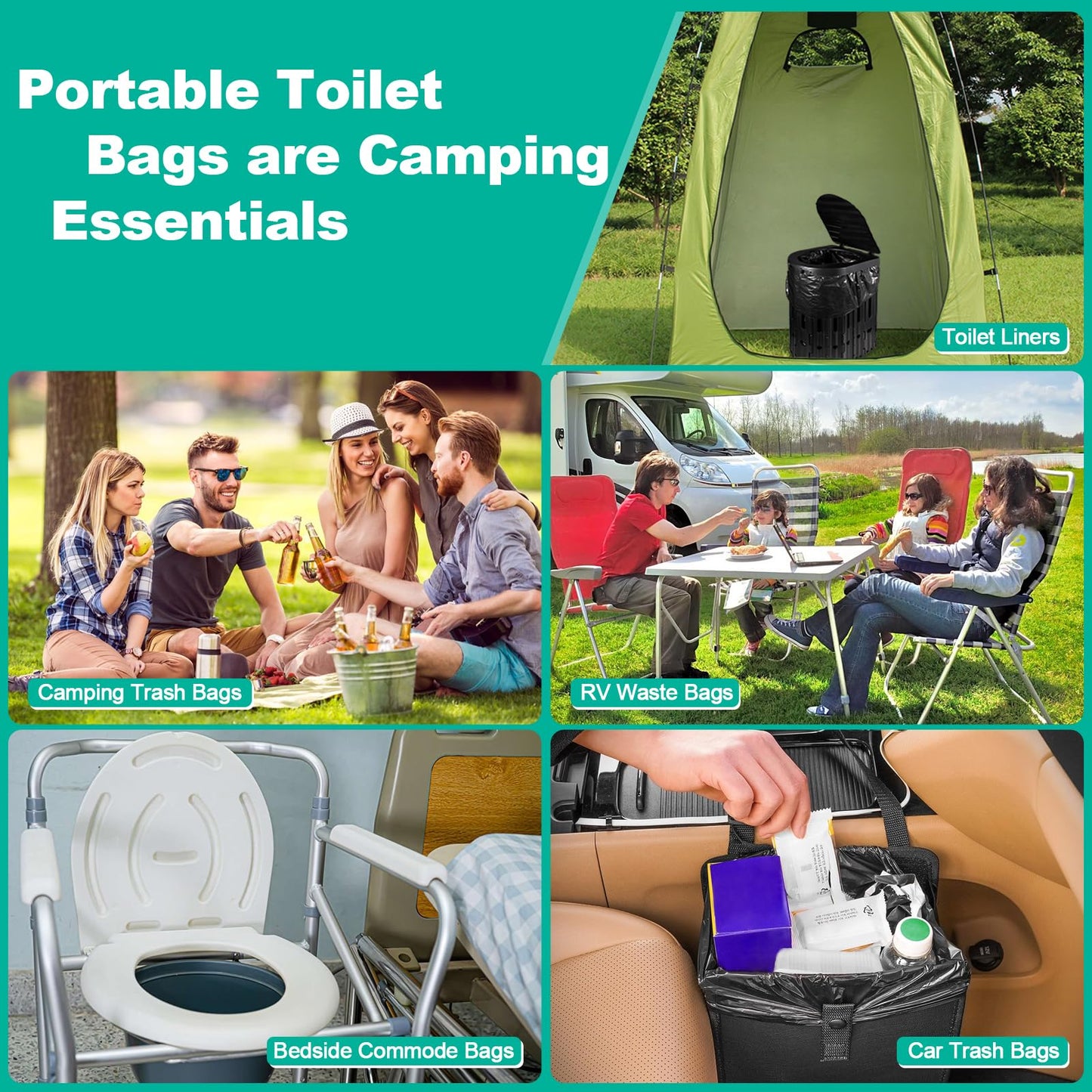 60 Portable Toilet Bags with Poo Gel Set, 8 Gallon Camping Toilet Bags with Absorbent Gels, Waste Bags, Leak-Proof Trash Bag for Camping Potty, Traveling