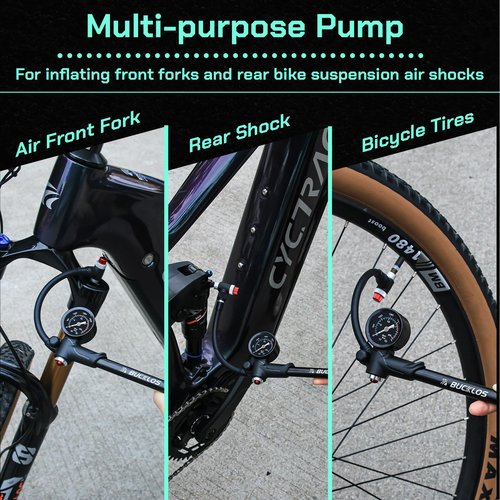 BUCKLOS Bike Shock Pump High Pressure Suspension Fork Pumps Rear Shocks Bicycle Tire Pump 300 Psi Max for Mountain, Road Bikes and Motorcycle Air Front Fork with Gauge No-Loss Schrader Valve Bike Tool