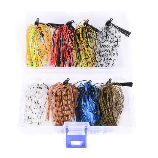 8Pcs Bass Jigs Fishing Lures Weedless Swim Jig with Weed Guard Multicolor Silicone Skirt 10g 3/8 oz Spinnerbait for Bass Pike Trout Saltwater Freshwater Fishing