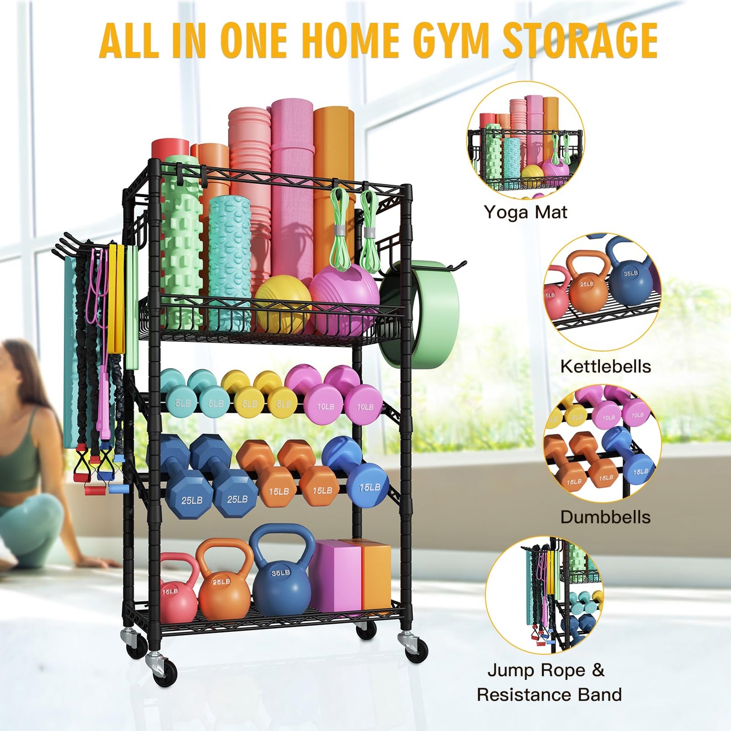 FUTASSI S3 Dumbbells Rack Storage Rack, Rolling Home Gym Weight Organizer Rack, Yoga Mat Storage and Workout Equipment Organizers for Gym Studio, Max Load 500 LBS, 34.6"W x 11.8"D x 48.6"H, Black
