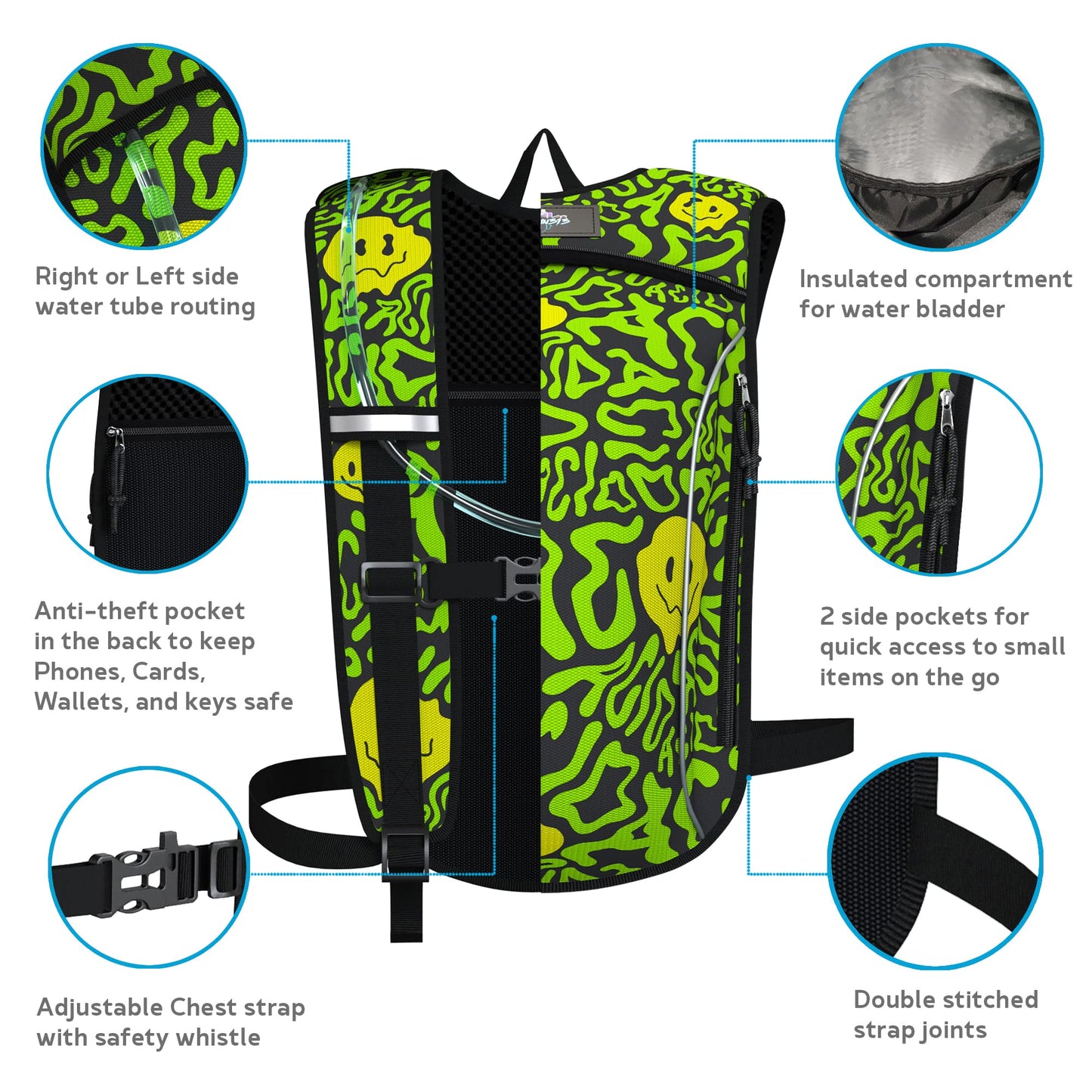 Light Weight Hydration Backpack - 2L Bladder Included - Great for Festivals, Backpacking, Hiking, Mountain Biking, Outdoors Activities. (Acid Bath)