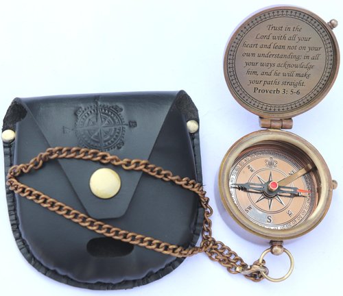 MADSNIIB Brass Engraved Compass, Nautical Compass with Leather Case, Antique Gift for Birthday, Wedding, Anniversary, Christmas, Valentine, Portable Compass for Hiking (Trust in The Lord)