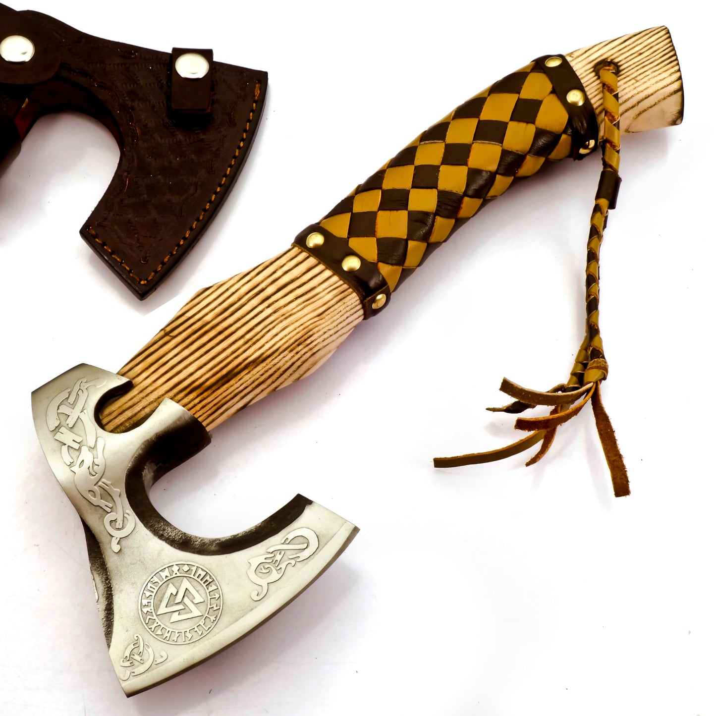 SIZZCO Custom Forged Carbon Steel Viking Style Bearded Axe - Real Hatchet, Throwing & Camping Axe with Leather Wrap Best Gift for Anniversary, Valentine's Day, Birthday with Premium Leather Sheath